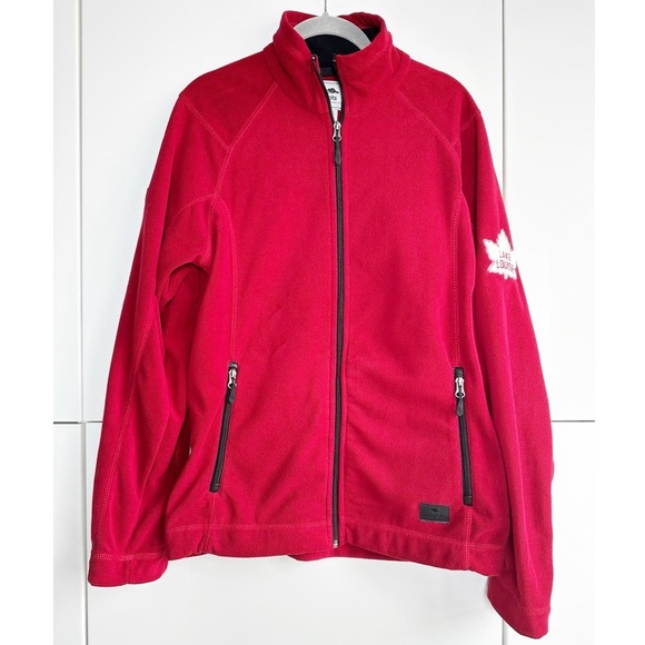 Roots Men Zip Up Fleece Red Lake Louise Patches Size Small Maple Leaf Beaver - Picture 1 of 9
